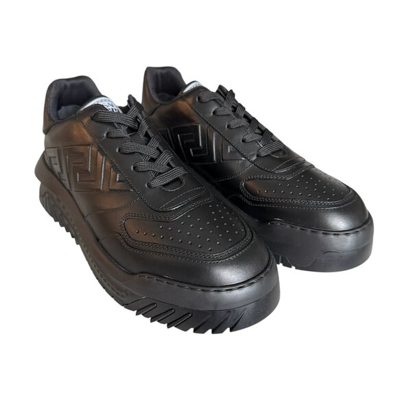 Versace 1008124, Mens Greca Black Leather Low Top Logo Sneakers EU 40, 45.5, 46 - Picture 1 of 13